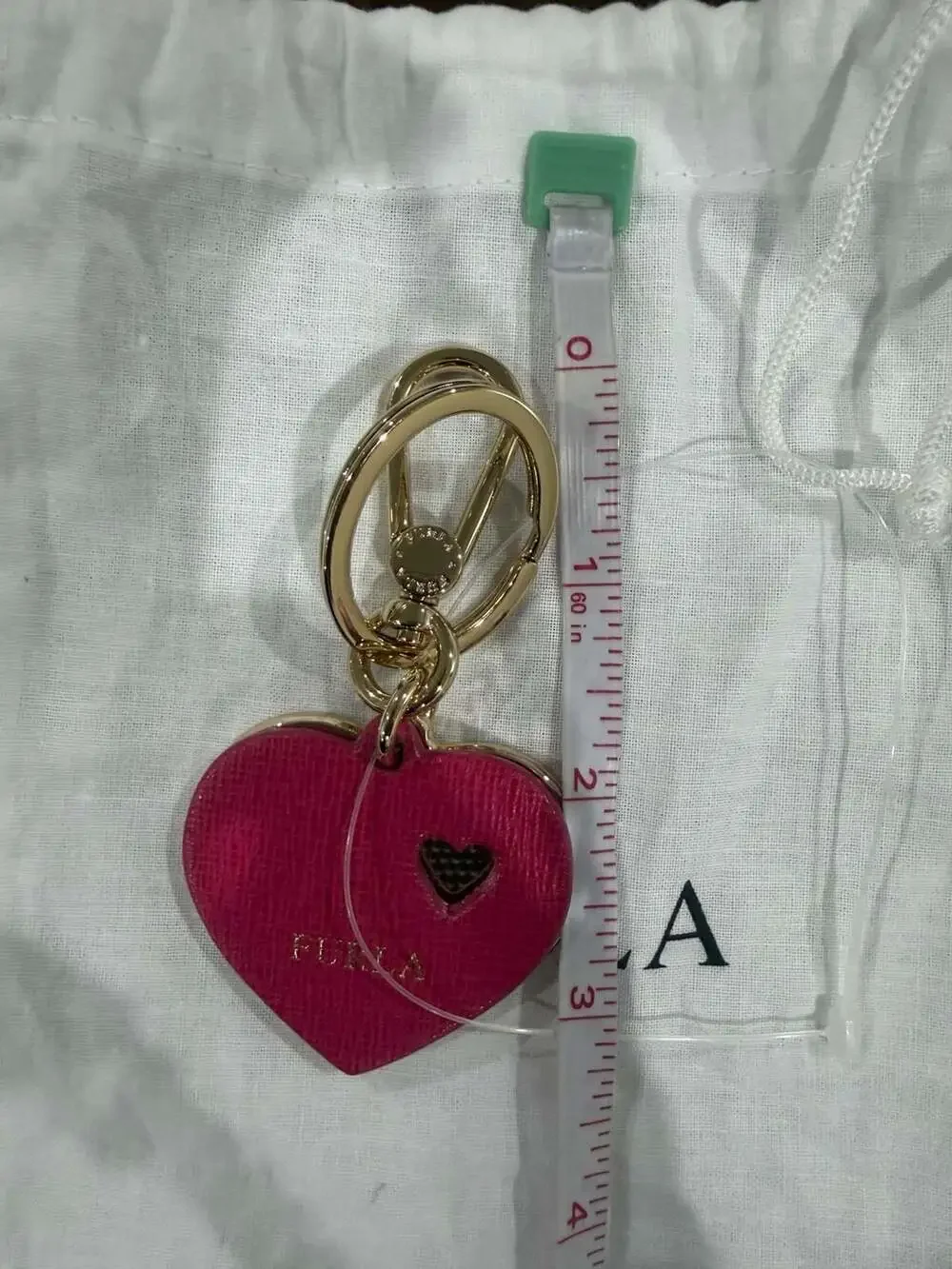 Furla Camelia Heart Keyring Bag Charm Pink and Gold and Dust Bag Designer Luxury